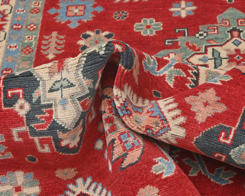 5x7 Red Kuba Afghan Hand Knotted Wool Area Rug